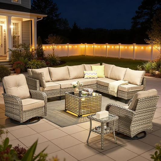 10 Pieces Outdoor Sectional Patio Furniture Set with Swivel Rocking Chairs,Wicker Conversation Sets Rattan L Shaped Couch,Modular Outdoor Sofa for Porch Balcony Backyard Beige