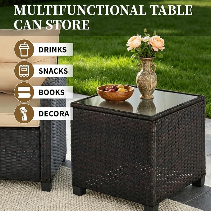 3 Pieces Patio Furniture Set,Outdoor Wicker Conversation Set,Outdoor Wicker Patio Chairs with Cushions & Glass Coffee Table,Bistro Set Outdoor for Porch (Beige)