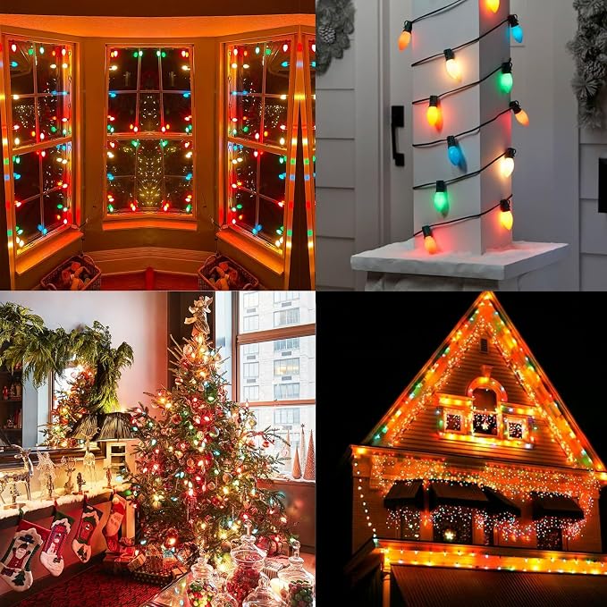 C7 Multicolor Christmas Lights Outdoor, 25Ft Incandescent Christmas Outdoor String Lights with 27 Multicolor Ceramic Bulbs Vintage Christmas Lights for Roofline Patio Xmas Tree Party Garden Decoration