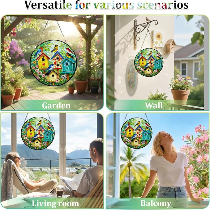 Stained Glass Window Hanging - 7.8 Inch Colorful Birdhouse Sun Catcher, Suncatcher Windows Hanging Wall Decor, Birthday Gifts for Bird Lovers, Women, Mom, Wife, Grandma and Family
