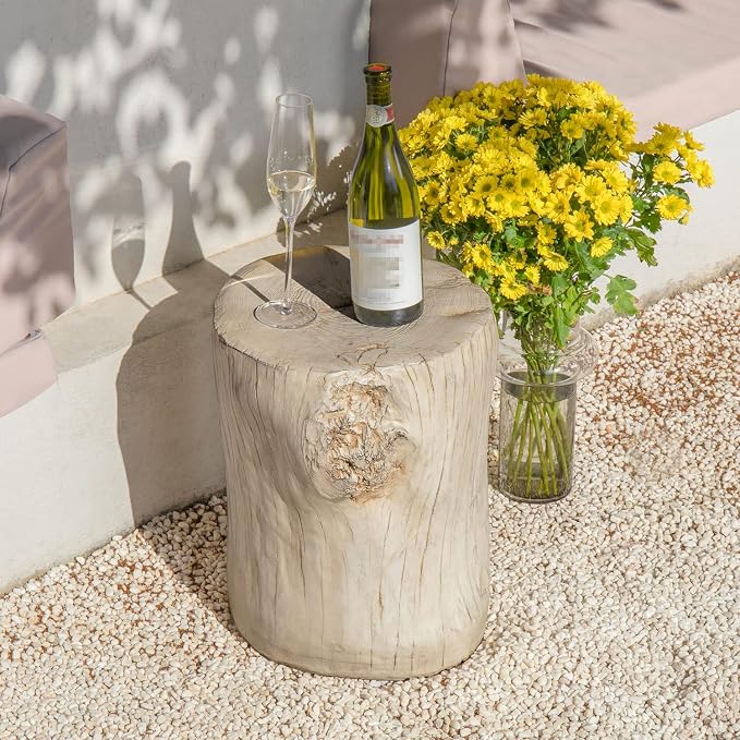 COSIEST 2 Pieses Outdoor Side Table, Hand-Painted Wood Stump Side Table Set of 2, Faux Wood Stool, Ottomans, Plant Stand, Deck or Garden (Antique Beige)