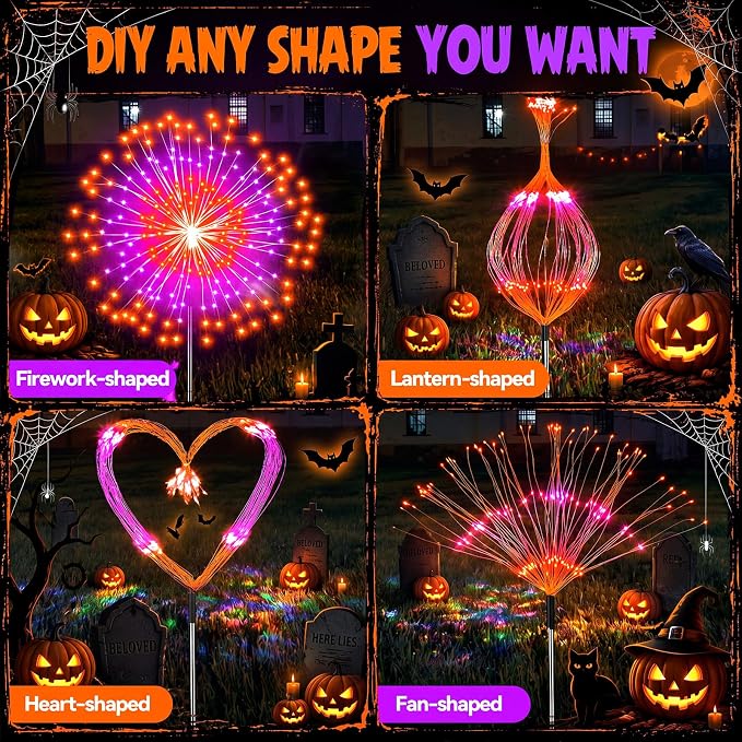 Tujoe 8 Pcs Halloween Solar Firework Stake Lights 180 LED 8 Modes Solar Waterproof LED Sparkler Lights Outdoor Decoration for Garden Patio Yard Pathway Walkway Lawn(Orange-Purple)