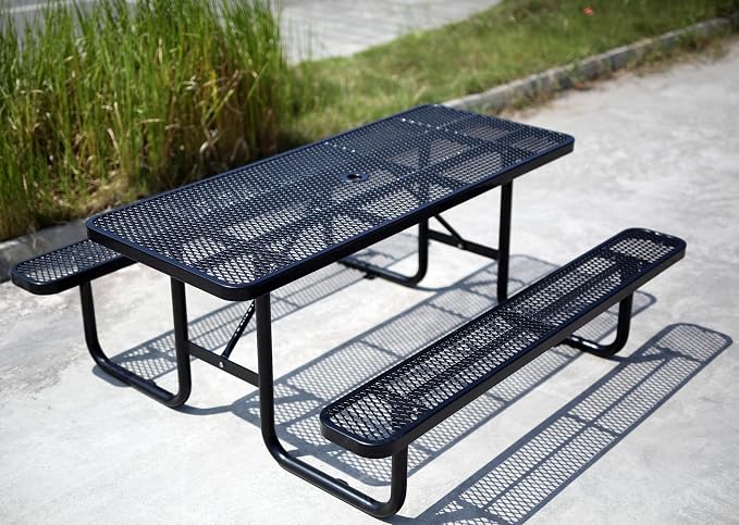 6FT Metal Picnic Tables for Outdoors, Commercial Rectangular Picnic Table and Bench Set for Outside, Patio, Garden, Backyard, Porch, Surface Mount, Black