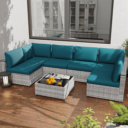 KIGOTY Patio Furniture Set,7 Pieces Modular Outdoor Sectional Sofa, PE Rattan Patio Conversation Set, All Weather Wicker Patio Furniture with Cushions and Coffee Table（Grey White/Peacock Blue）