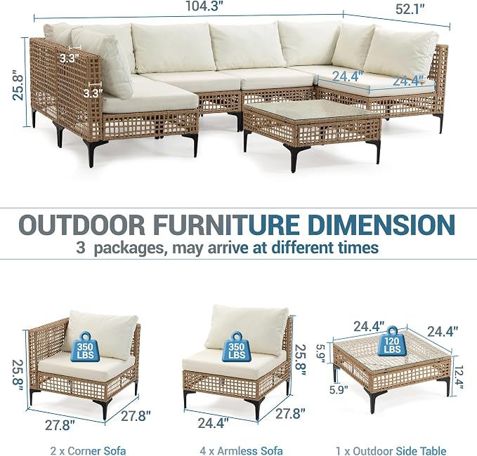 7-Piece Patio Furniture Set, All Weather Wicker Outdoor Sectional Conversation Sofa w/Thick Cushions & Glass Table for Lawn Poolside Backyard Porch, Beige