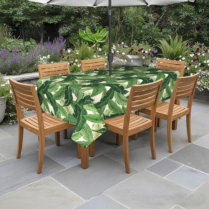 DYTXIII Outdoor Rectangle Tablecloth with Umbrella Hole and Zipper 84" x 60", Water Repellent Floral Picnic Cover, Fade & Wrinkle Resistant Tablecloth for Patio/Garden/Party Table, Palms Green