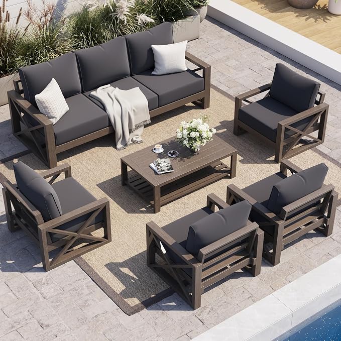 UDPATIO Aluminum Patio Furniture Set, Faux Wood Grain Modern Outdoor Furniture, 6" Cushions Metal Patio Conversation Sofa with Coffee Table for Poolside Deck, 8 PCS, Dark Grey(Include 600D Covers)