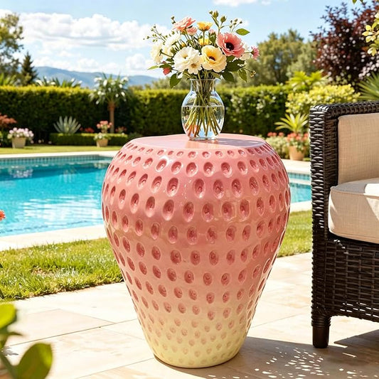14'' Garden Fruit Design Stool, Decorative Patio Side Tables for Outside / Indoor, Drum Table & Plant Stands Stools for Patio Balcony Living Room, Home Decor, Weather-Resistant (Pink, Strawberry)