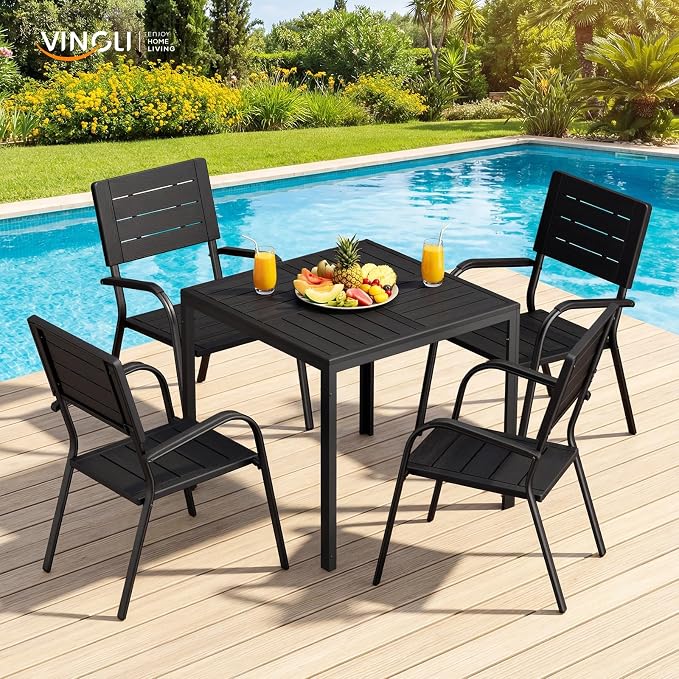 VINGLI Outdoor Patio Dining Chairs, Stackable HDPE All-Weather Arm Chairs, Weatherproof Outdoor Seating for Garden, Backyard, Poolside, Balcony,Black (4 Pack)