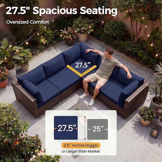 NICESOUL 7 Pcs Patio Conversation Set with Fire Table Natural Gas & Propane, 29.3'' High Backres Outdoor Sectional Sofa Sets, Large Deep Sitting Furniture for Exteriors, Brown Rattan and Blue Cushion