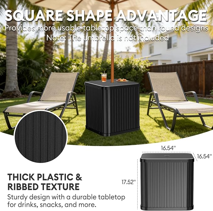 Umbrella Side Table - Hyperzoo Outdoor Patio Table with Umbrella Hole, Heavy Duty Plastic Poolside Table Holds 132 lbs with Water Filled Base, Fits ≤1.5”Umbrella Pole for Poolside & Backyard, Black