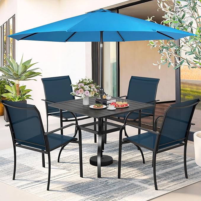 SUNCROWN 6 - Piece Outdoor Dining Set, Patio Furniture Set with 4 Textilene Dinning Chairs, 1 Steel Slat Metal Bistro Table and 1 Sky Blue 9Ft Patio Umbrella for Lawn Garden Backyard Deck, Blue
