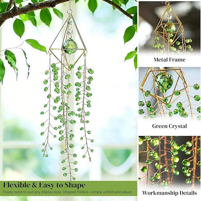 Crystal Suncatcher Glass Wind Chimes Sun Catchers Rainbow Plant Suncatcher | Crystal Beaded Plant Suncatcher for Window Hanging Home Garden Decor (15.4inch,Green)