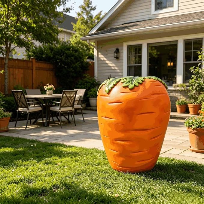 Carrot Shaped Resin Stool Side Table 16" Outdoor Garden Decor Plant Stand | Vivid orange textured body, green leaf lid top, stable rounded base, wipe-clean surface, portable 12 lbs