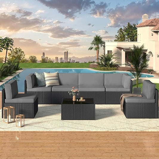 7 Piece Outdoor Patio Furniture Set with Cushions, PE Rattan Wicker Sectional Furniture Chair Set with Tea Table, Modular Patio Sofa for Garden, Backyard, Balcony Outdoor Lounge Area(Gray2)