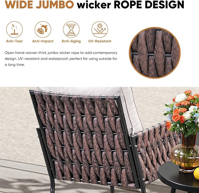 JOYURE 3-Piece Patio Furniture Set, Armchairs with Coffee Table,Modern Wicker Outdoor Conversation Set with Waterproof Thick Cushion for Deck,Backyard,Porch,Beige