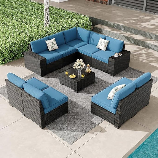 10 Pieces Outdoor Patio Furniture Set Wicker Rattan Conversation Sets with Tea Table Thick Cushioned Patio Sofa for Garden Backyard Porch Poolside Seating Peacock(Blue2)