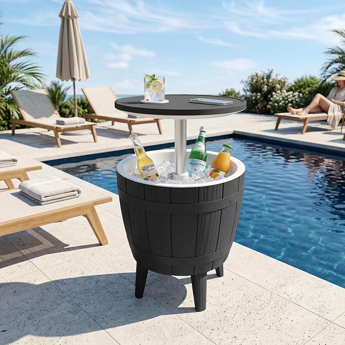 EasyUp Outdoor Resin Ice Bucket & Beverage Cooler-Patio Cooler Table with UV Protection,Wood-Look Side Tables for Your Patio, Picnic, and Beach Party (Black)