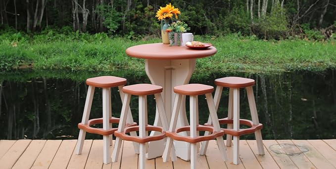 Patio Table Set with Four Barstools - Warm Grey Base with Redwood Accents - Perfect for Patio and Outdoor Spaces. Hardware Free Easy Assembly. Proudly Made in USA