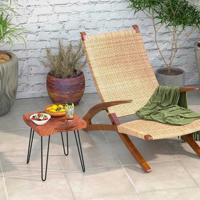 Giantex Teak Wood End Table, Solid Live Edge Outdoor Side Table w/Natural Grain & Heavy-Duty Metal Legs, Rustic Plant Stand for Living Room Patio Balcony, 16" x 16" x 18" (1, Square)