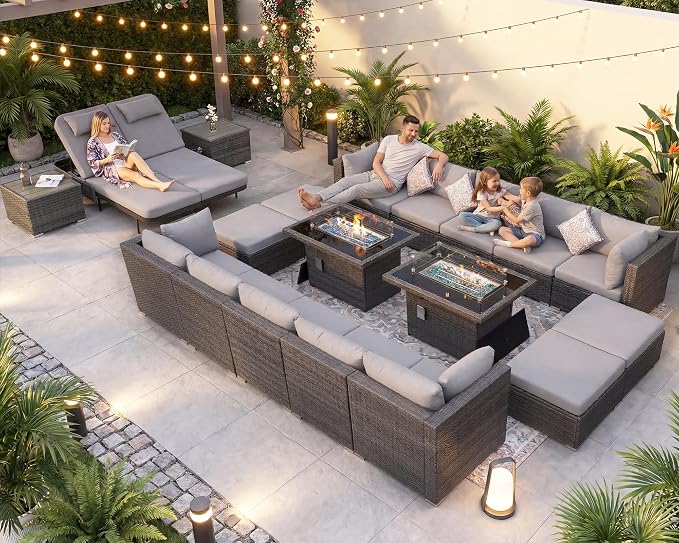 NICESOUL 20 Piece Patio Furniture Set with Fire Pit, Luxury Large Size Outdoor Patio Set with Fire Pit and Lounger, Extra Large 16-Seater High Back Outdoor Seating Sectional, Light Gray