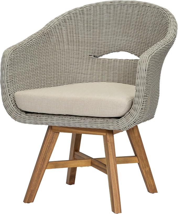 Christopher Knight Home Ambes 5 Piece Acacia Wood Outdoor Dining Set for 4, Patio Dining Table and Chair Set with Curved Rattan Backrest & Cushions, Outdoor Dining Table Set, Beige+Grey Ash+Brown