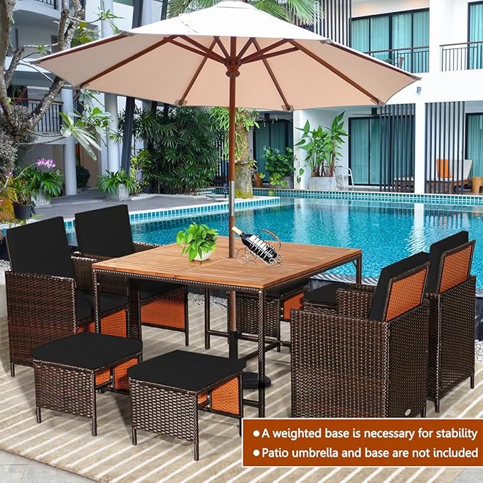 RELAX4LIFE 9-Piece Outdoor Dining Set - Wicker Rattan Patio Furniture w/Acacia Wood Tabletop, Soft Seat & Back Cushions, Dining Table & Chair Set for Backyard, Poolside (Black)