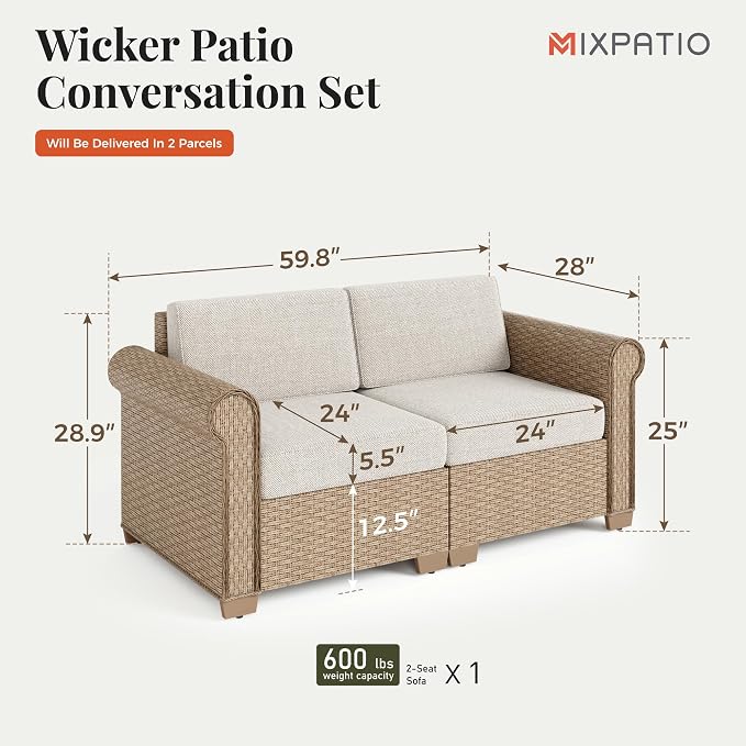 MIXPATIO Patio Couch, 2-Piece Outdoor Rattan Wicker Sofa with 5.5" Thick Waterproof Cushions Deck Backyard