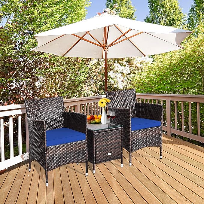 HAPPYGRILL 3 Piece Patio Furniture Set Outdoor Rattan Wicker Conversation Set with Coffee Table Chairs & Thick Cushions Bistro Sets for Patio Garden Lawn Backyard Pool