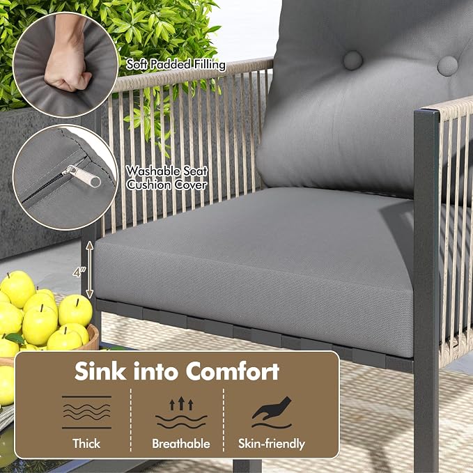 Tangkula 4 Pieces Patio Furniture Set, Outdoor PE Rattan Conversation Sofa Set with Thick Cushions and 2-Tier Tempered Glass Coffee Table for Garden, Porch, Balcony and Backyard (Grey,1)