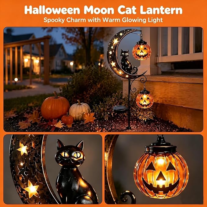 Solar Halloween Black Cat Garden Stake Light – Metal Crescent Moon & Pumpkin Lantern Yard Decor, Auto On/Off Waterproof LED Landscape Lighting for Patio Lawn Pathway (A)