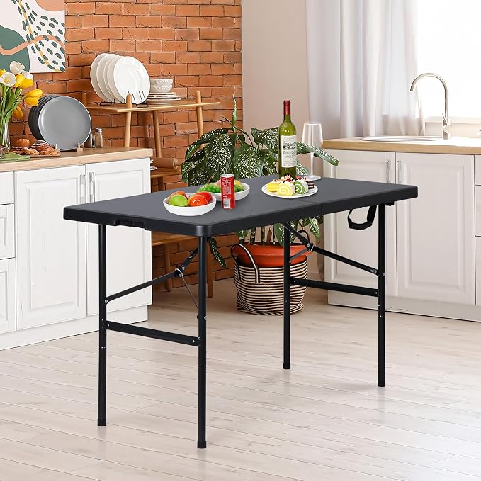 Folding Event Table, Heavy Duty Picnic Table Indoor Outdoor Camping, 4FT Portable w Handle Lock for Banquet, Black