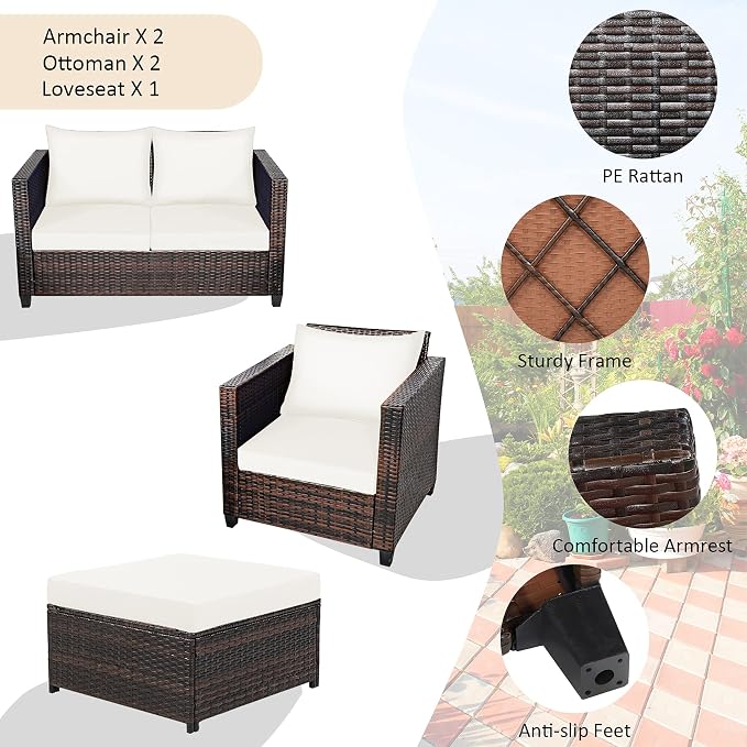 DORTALA 5-Piece Outdoor Patio Conversation Set, Loveseat and 2 Ottoman, Outdoor Sectional Rattan Sofa Set, Multifunctional Rattan Furniture Set Suitable for Backyard Garden Poolside Balcony, White