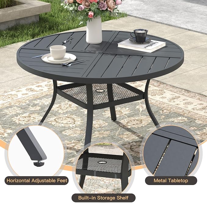 40.6" Outdoor Dining Table with Adjustable Umbrella Hole, Metal Slatted Round Patio Dining Table for Backyard Garden Deck, Dark Grey