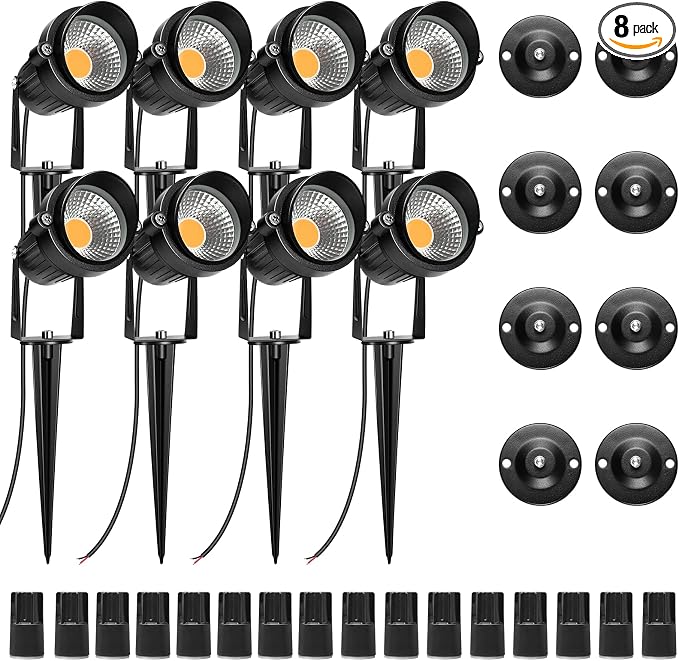 LightingWill 5W Landscape Lighting, Warm White 3000K-3500K, DC 12V LED Low Voltage Landscape Lights, IP65 Waterproof Pathway Lights for Outdoor Garden, Yard, Fence, House, Lawn, Tree, Flags (8 Pack)