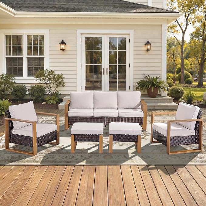 5-Piece Outdoor Patio Furniture Set with Rattan Chairs, All-Weather Wicker Sofa Set for Garden, Yard, Porch and Poolside Seating Beige