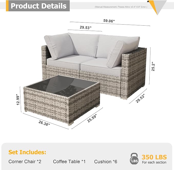 HOOOWOOO Patio Sectional Furniture Set,3 Piece Couch Set with 2 Matching Corner Chairs and 1 Table(Light Grey)