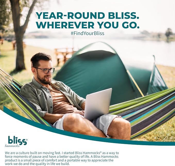 Bliss Hammocks BH-400-CC 40" Wide Hammock w/Hand-Woven Rope Loops & Hanging Hardware, Outdoor, Patio, Backyard Durable, Cotton and Polyester Blend, 220 Lbs Capacity, Country Club