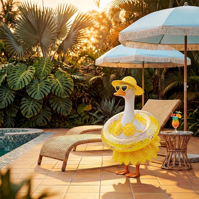 hoyuwak Bikini Goose Outfits Summer Hawaiian Porch Goose Outfits with Swimming Ring Sunglasses Hat for 23" Geese Yard Decor