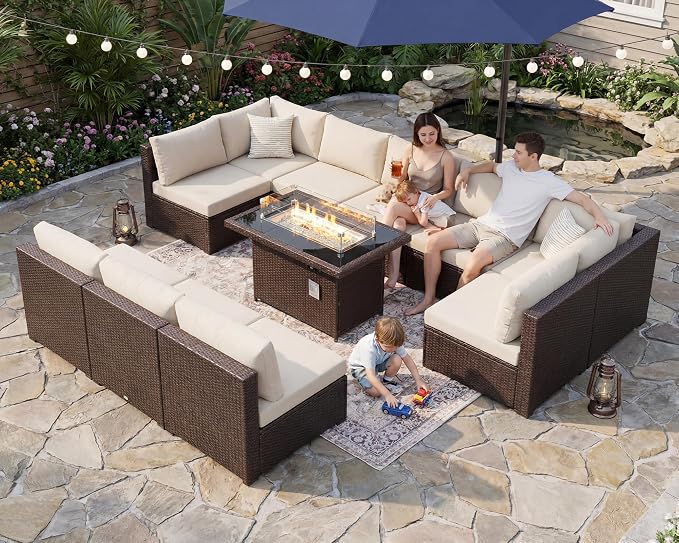 NICESOUL 11 Piece Outdoor Furniture Set with Natural Gas/Propane Firepit, Luxury 10-Seater Patio Sectional, 29.3'' High-Back Backyard Seating, All-Weather Rattan Couch Set for Deck, Brown & Beige