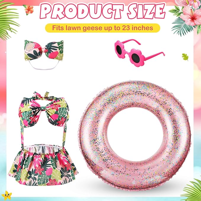 Bikini Porch Goose Outfits with Sunglasses and Swimming Tube for 23" Summer Goose Costume Garden Patio Statue Decor(Flower)