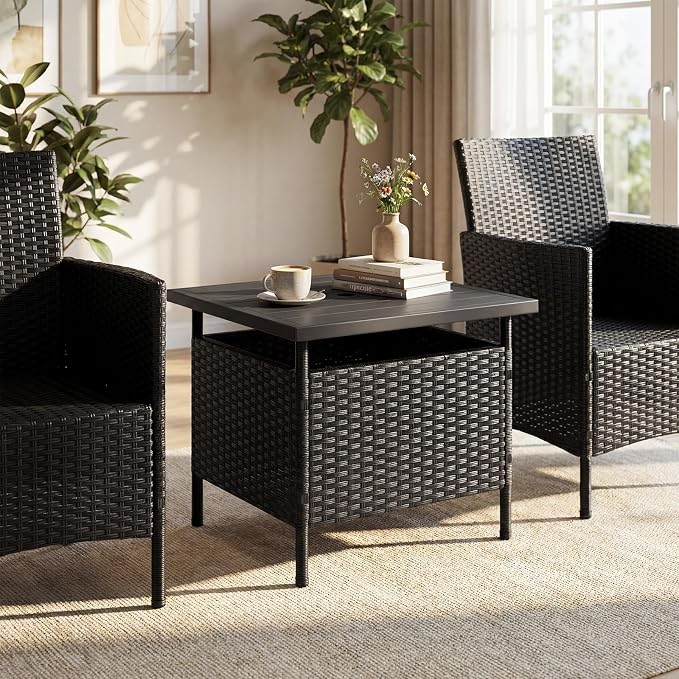 HAPPYGRILL Patio Umbrella Table Stand, Rattan Outdoor Side Table with Umbrella Hole, PE Wicker Frame, for Patio Garden Deck Poolside (Black)