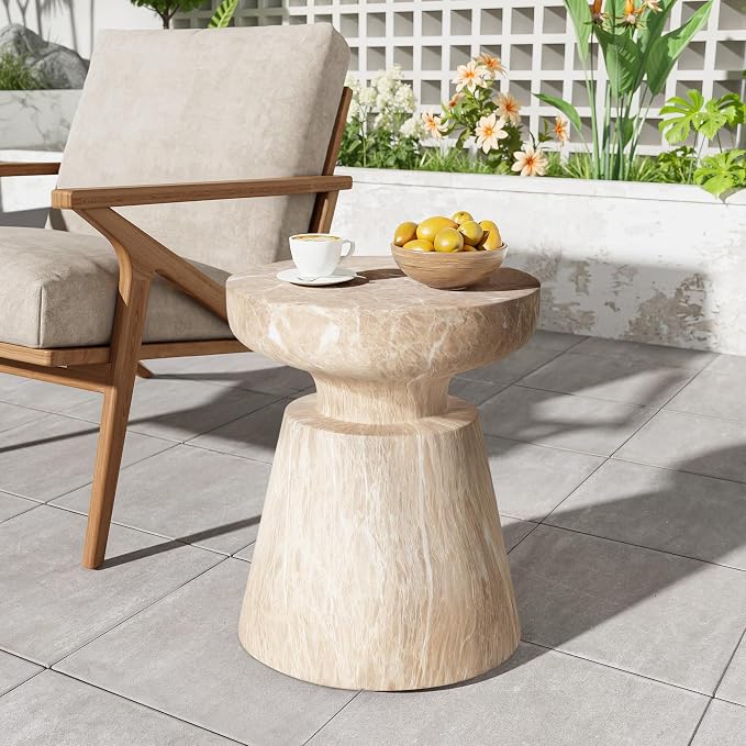 Outdoor Side Table Faux Marble End Table Faux Stone Side Tables Travertine Small Coffee Tables for Indoor Outdoor, Garden Stool Plant Stand for Porch, Backyard Patio, 15"*15"*18"-Hourglass,Beige