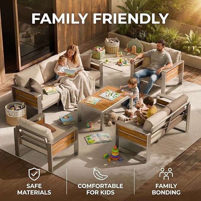 ZANDOR Aluminum Outdoor Patio Furniture Set with Table,7 Seat, Silver | Rustproof,High weight capacity,Water-repellent,Washable Cover,All-Weather Resistant,Easy clean,for Poolside Backyard Deck