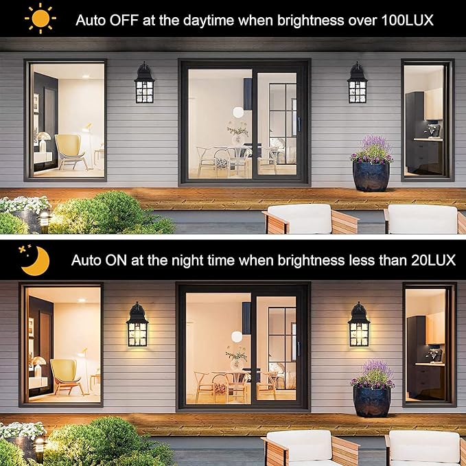 WIHTU Dusk to Dawn Outdoor Wall Lights 2Pack, Classic Exterior Porch Light | Aluminum Frame, Water Rippled Glass, Waterproof, E26, Sensor Exterior Lighting Fixtures, Wall Sconce For Garage, Front Door