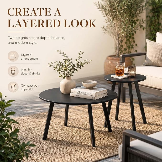 HRVEOCEI Black Round Nesting Coffee Table Set of 2, 2 PCS Small Outdoor Nesting Tables with LED Light for Living Room, Metal Side Table Set for Balcony Patio (70 Inch)