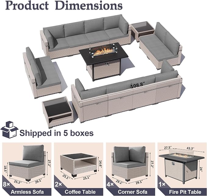 Patio Furniture Set, 15-Piece Outdoor Sectional Sofa with 60,000 BTU Fire Pit Table & 2-Layer Glass Coffee Table, Wicker Patio Conversation Set with Gray Cushions