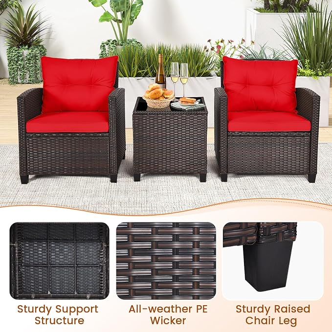 3-Pieces Patio Furniture Set, PE Wicker Chairs Sofa Set with Removable Cushions & Glass Top Side Table, Outdoor Wicker Rattan Conversation Chair for Porch,Backyard, Balcony (Red)