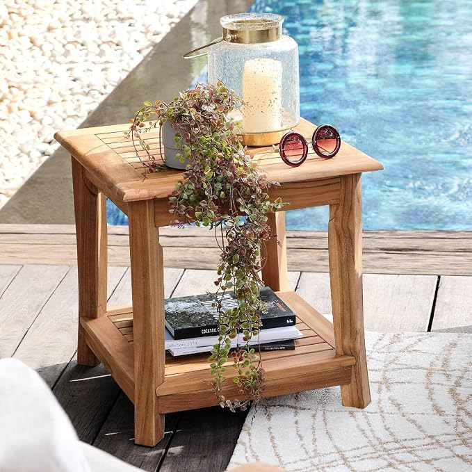 Cambridge Casual Solid Teak Wood Costa Square Side Table with Shelf