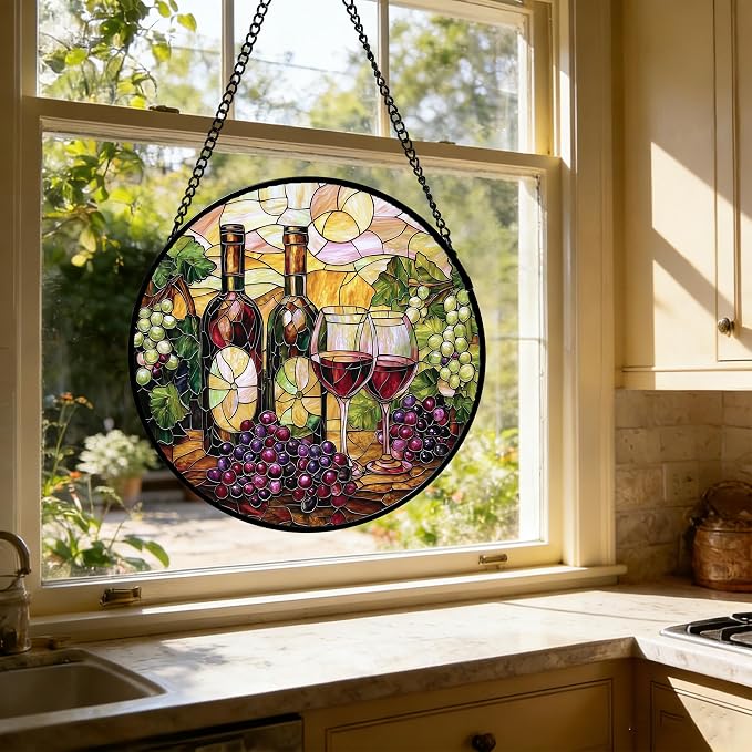 DASTOLL Stained Glass Window Hanging, Grapes and Wine Suncatcher Diamond Glass Panel Hangings Sun Catchers Decor for Birthday for Women, Men, Wife, Aunt, and Mom 11.8x11.8 in